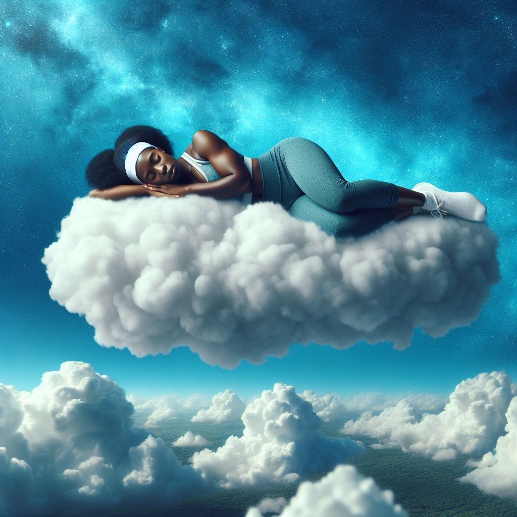 A woman is laying on a cloud in the sky.
