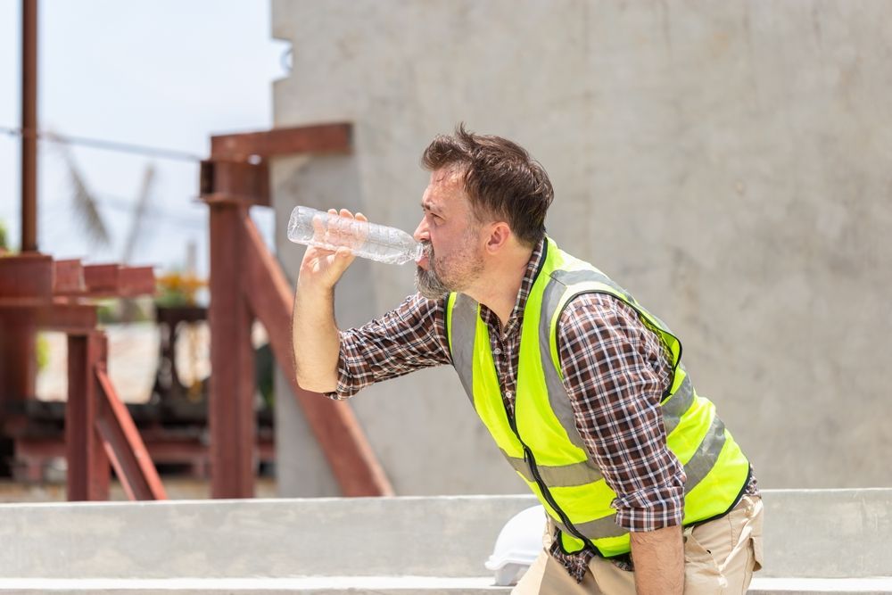 A construction worker is drinking water from a bottle.