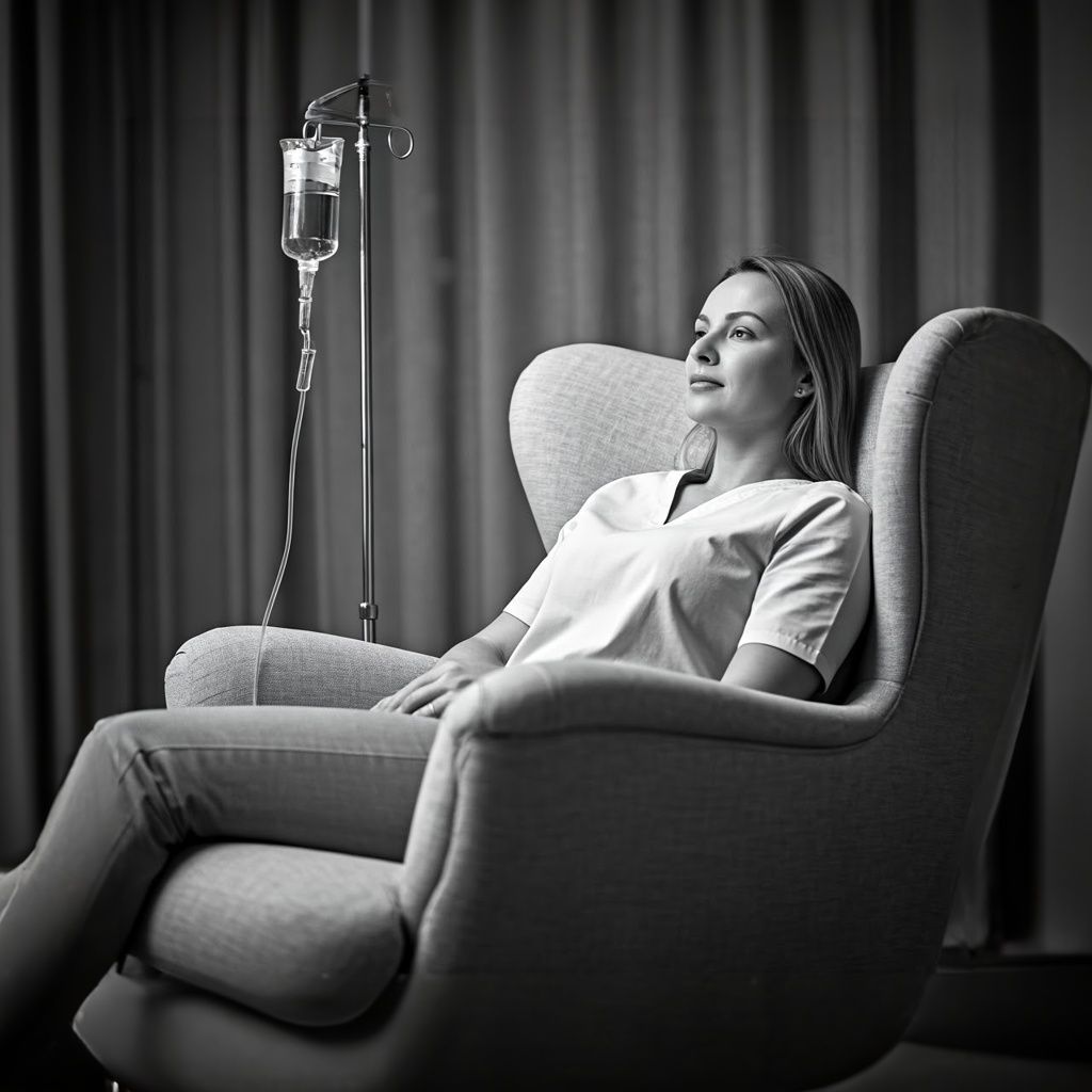 A woman is sitting in a chair with an iv in her hand