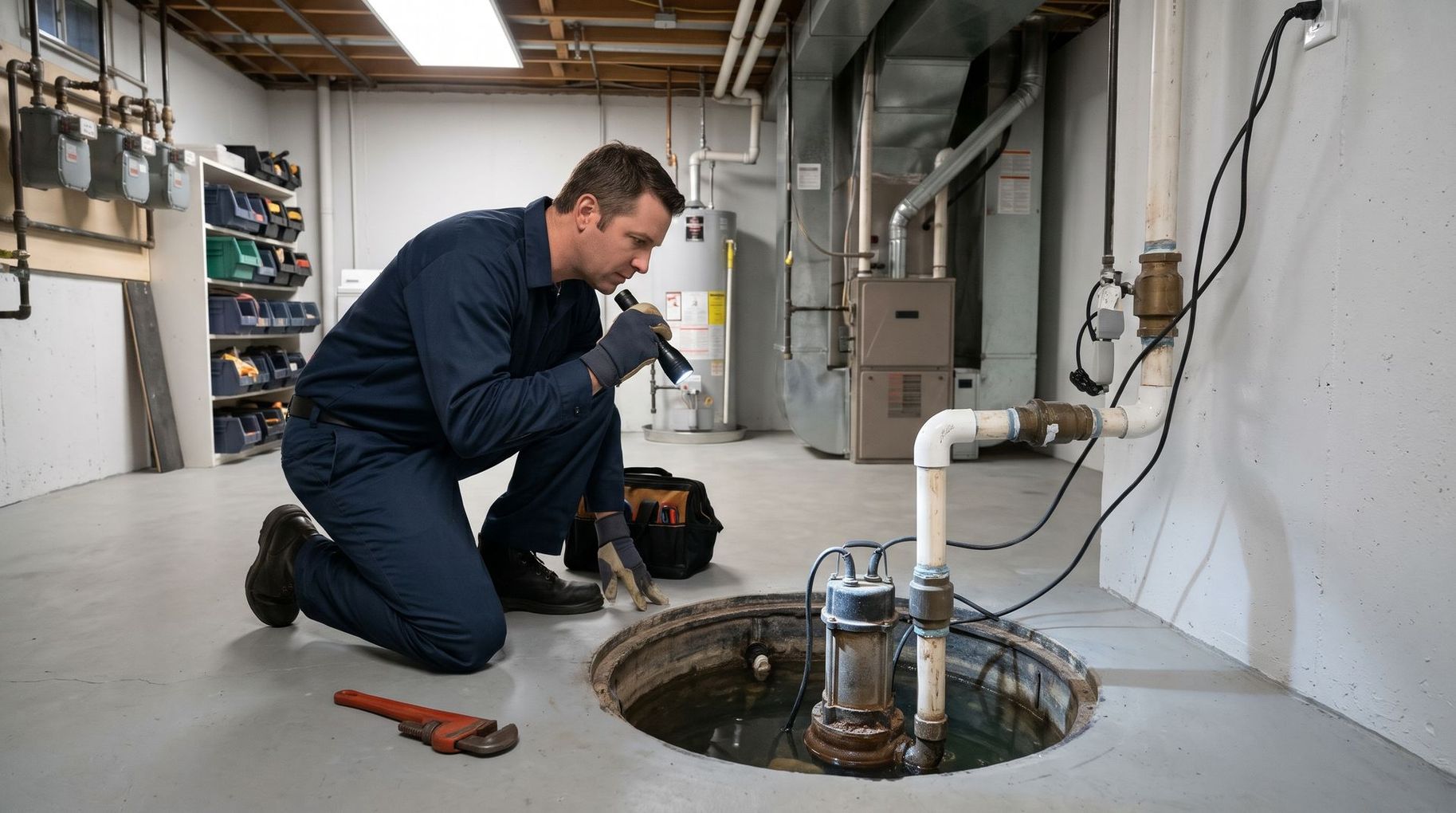 Plumber kneels beside an open floor drain, inspecting pipes in a utility room with tools nearby.