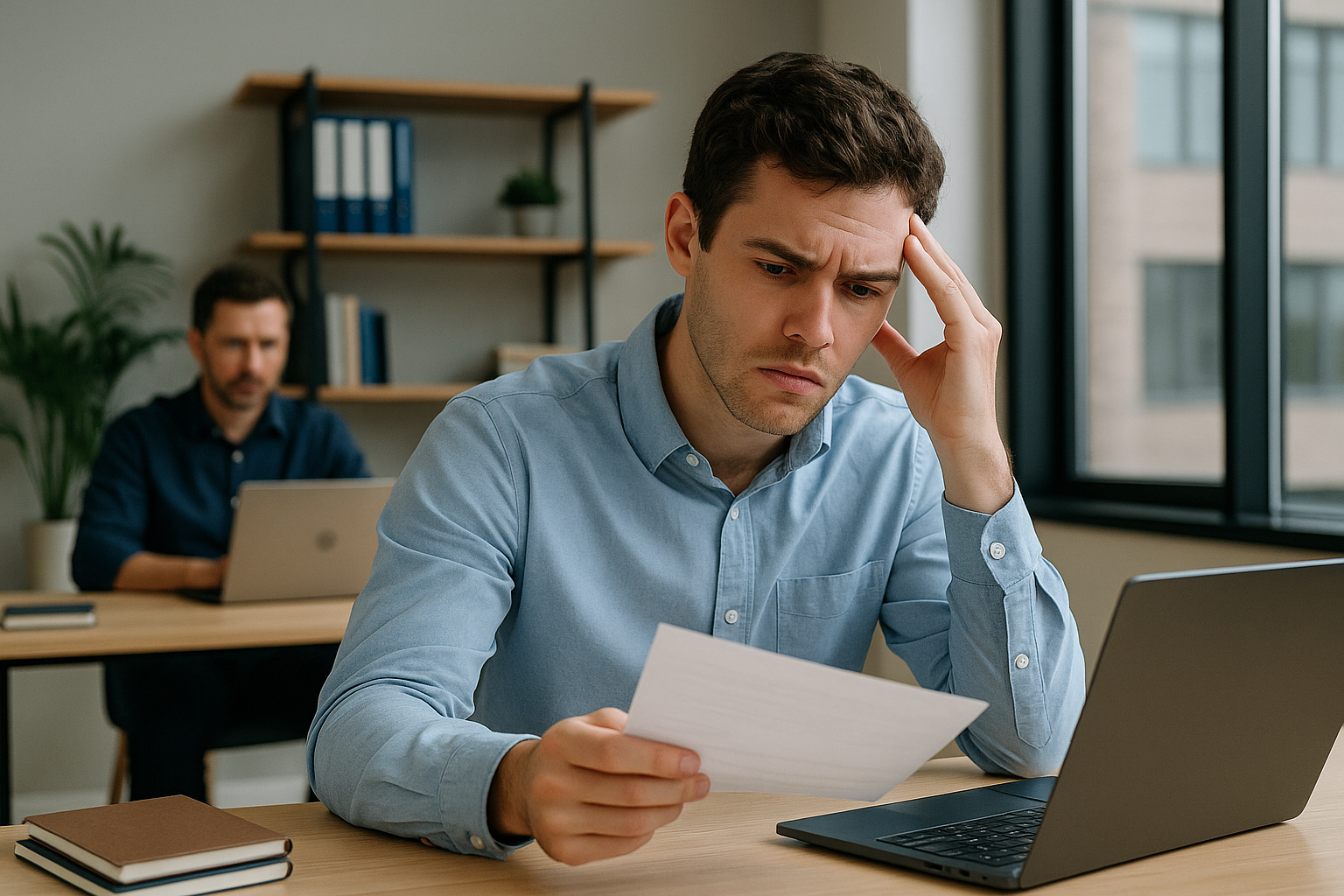 Healthtech founder focused in office as new hire looks confused, symbolizing busywork vs system