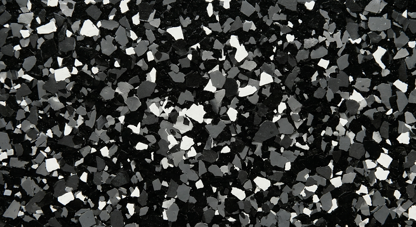 Black, gray, and white confetti-like particles scattered across a dark background.