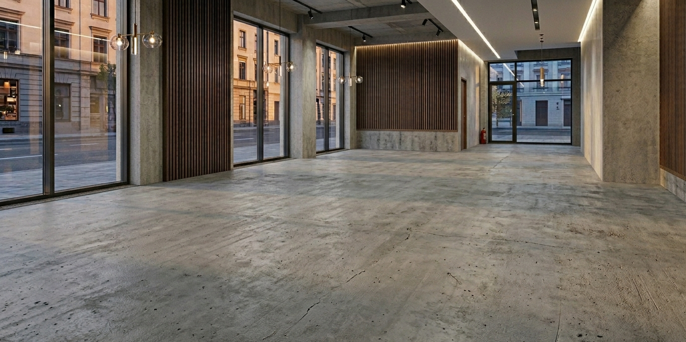 Empty modern lobby with concrete floor, wood walls, and large glass doors/windows
