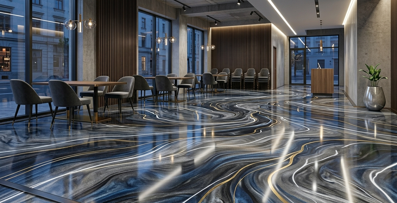 Modern restaurant interior with blue patterned floor, tables, chairs, and large windows at night