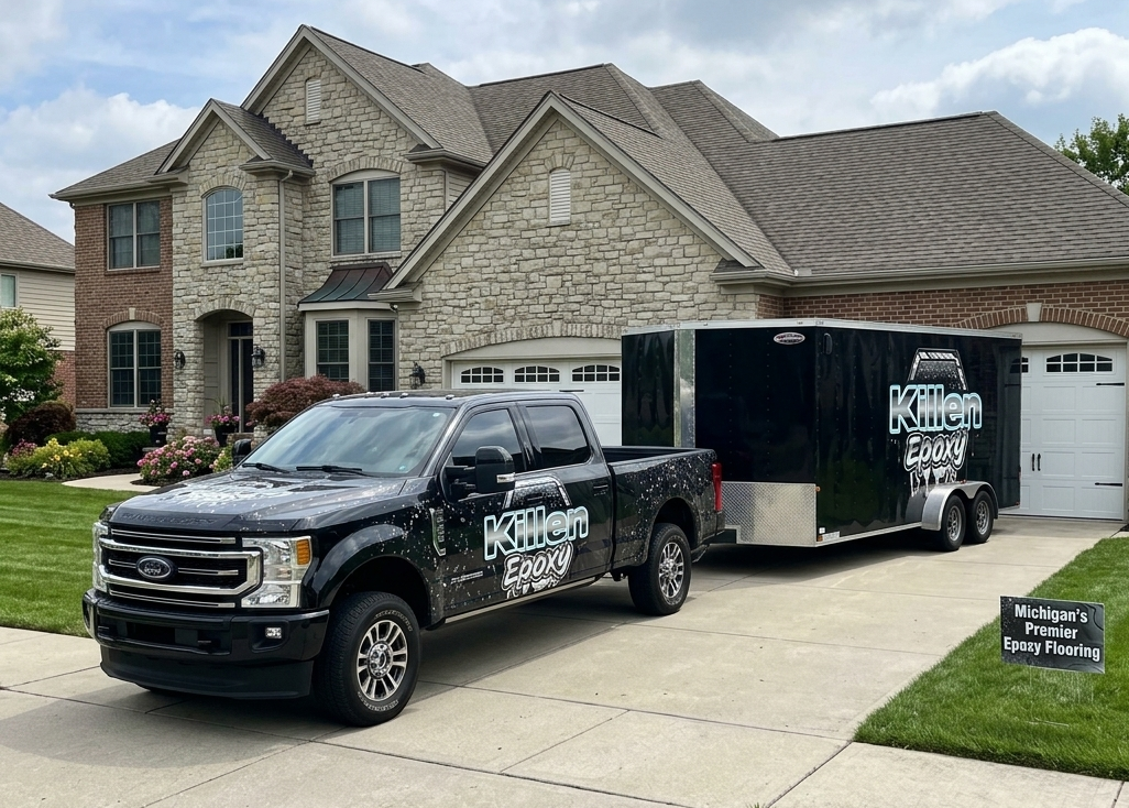 Black pickup truck and enclosed trailer parked in a suburban driveway beside a stone house.