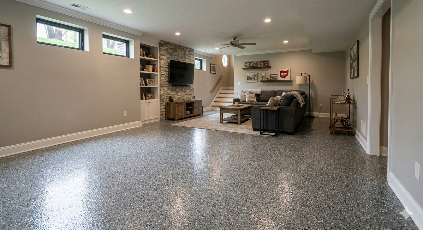 Spacious finished basement with gray speckled floor, beige walls, windows, a couch, and stone fireplace
