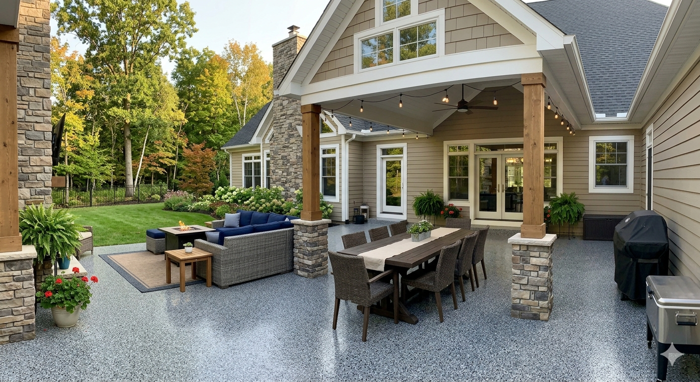 Covered patio with outdoor dining table, wicker seating, and stone pillars beside a beige house.