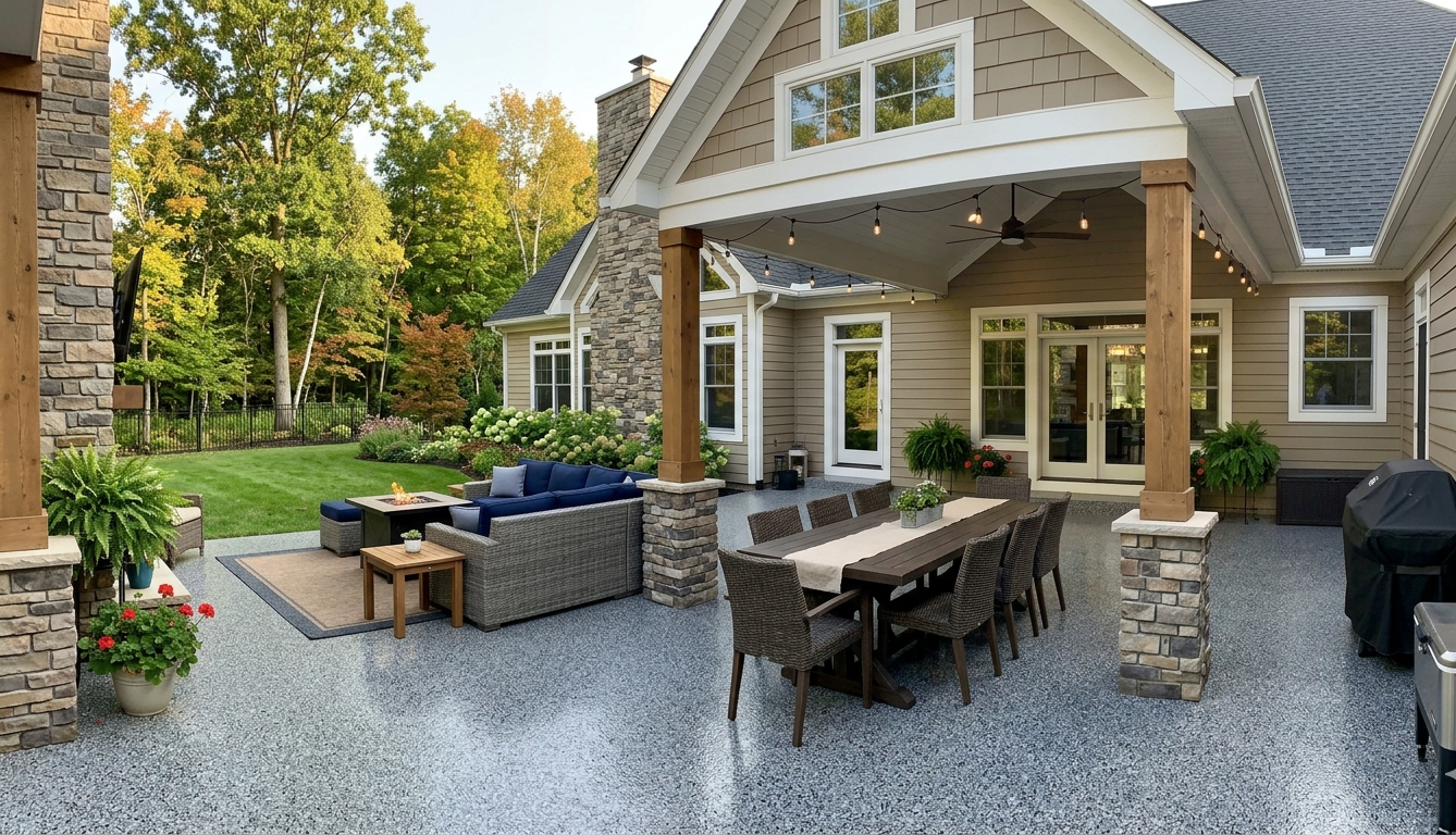 Covered stone patio with outdoor dining table, wicker seating, grill, and gravel courtyard beside a house.