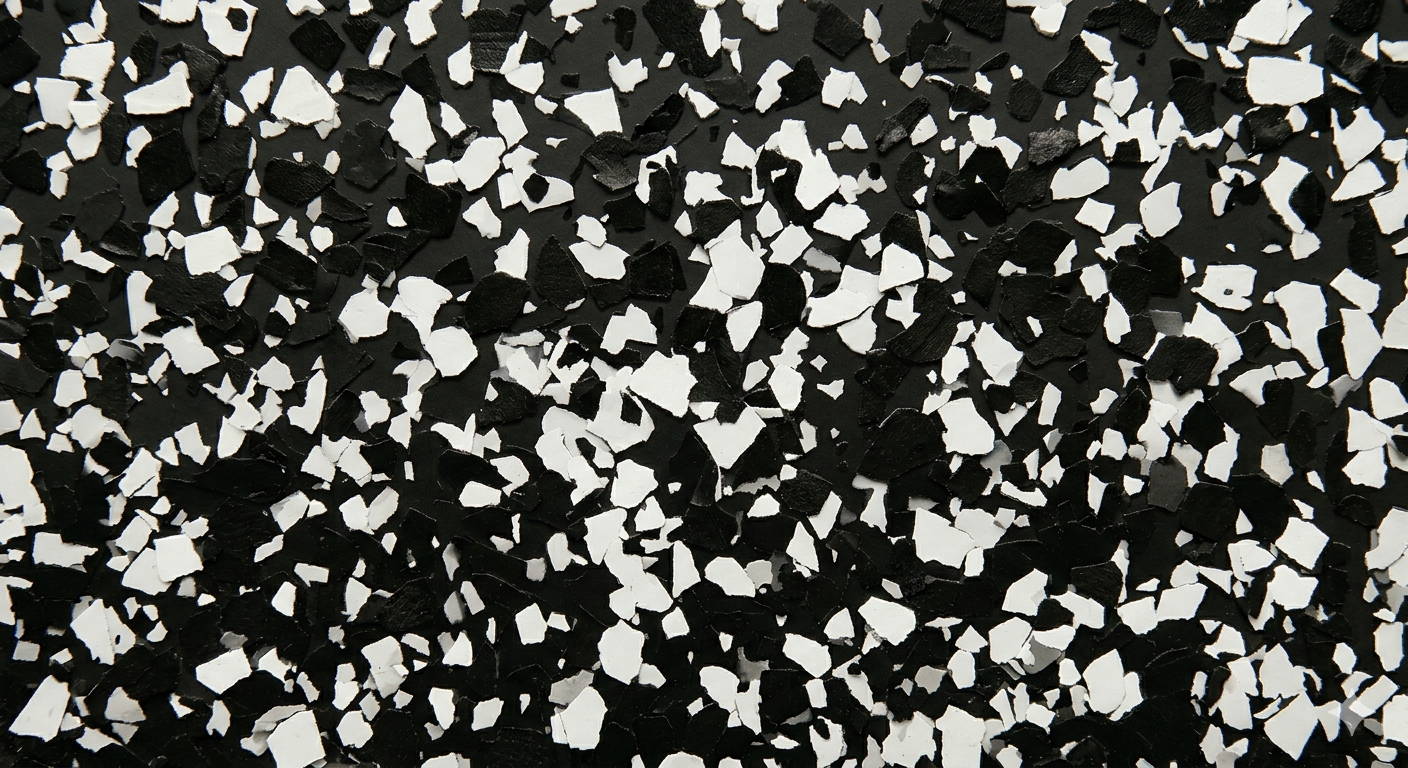 Black and white speckled granite pattern with irregular flecks on a dark background
