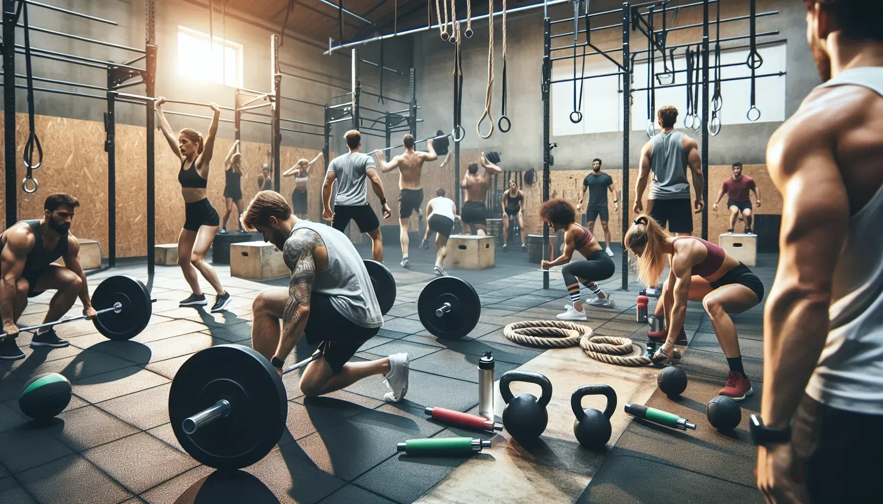A group of people are doing exercises in a gym.