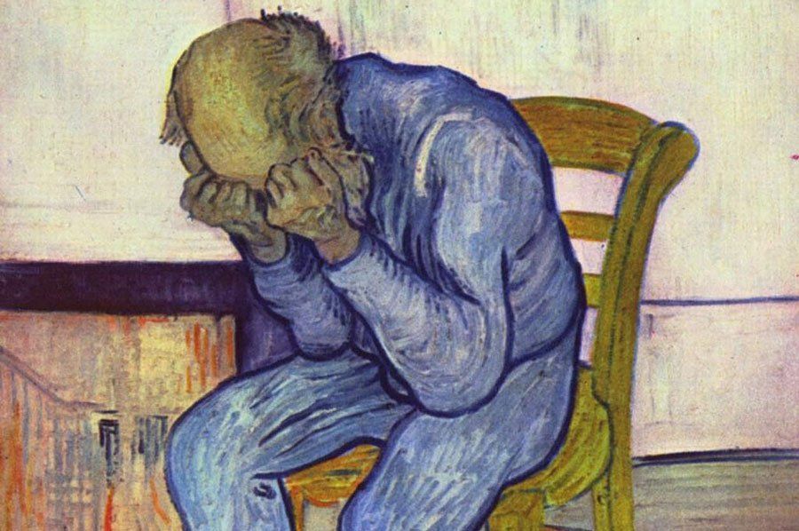 A painting of a man sitting in a chair with his head in his hands.