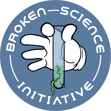 A broken science initiative logo with a hand holding a test tube.