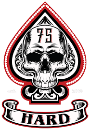 A skull in the shape of a spade with the number 75 on it.