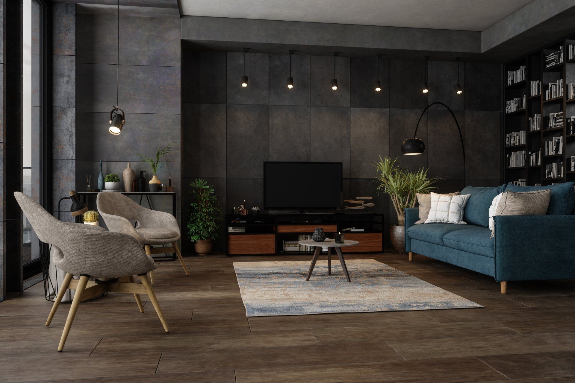 Soggiorno moderno con divano blu, TV e libreria contro una parete testurizzata grigio scuro.
