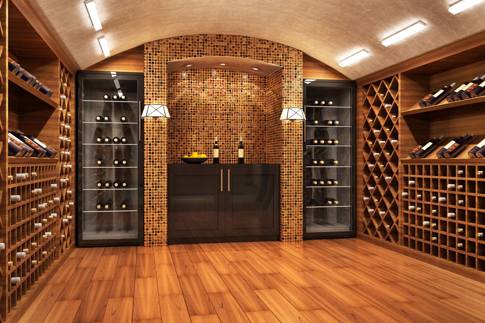 Cantina in legno con scaffali, armadietti e illuminazione ambientale.