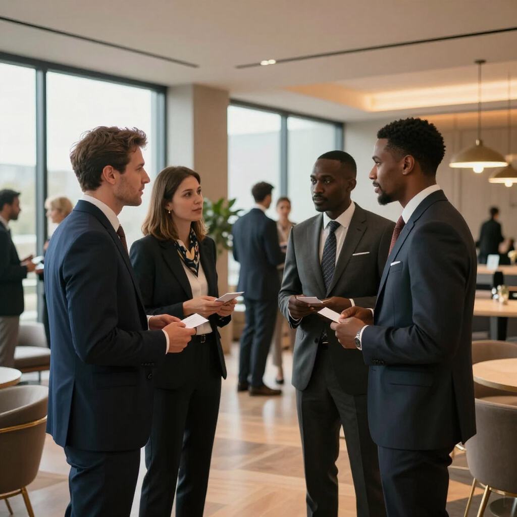 Professionals exchanging business cards at a mixer