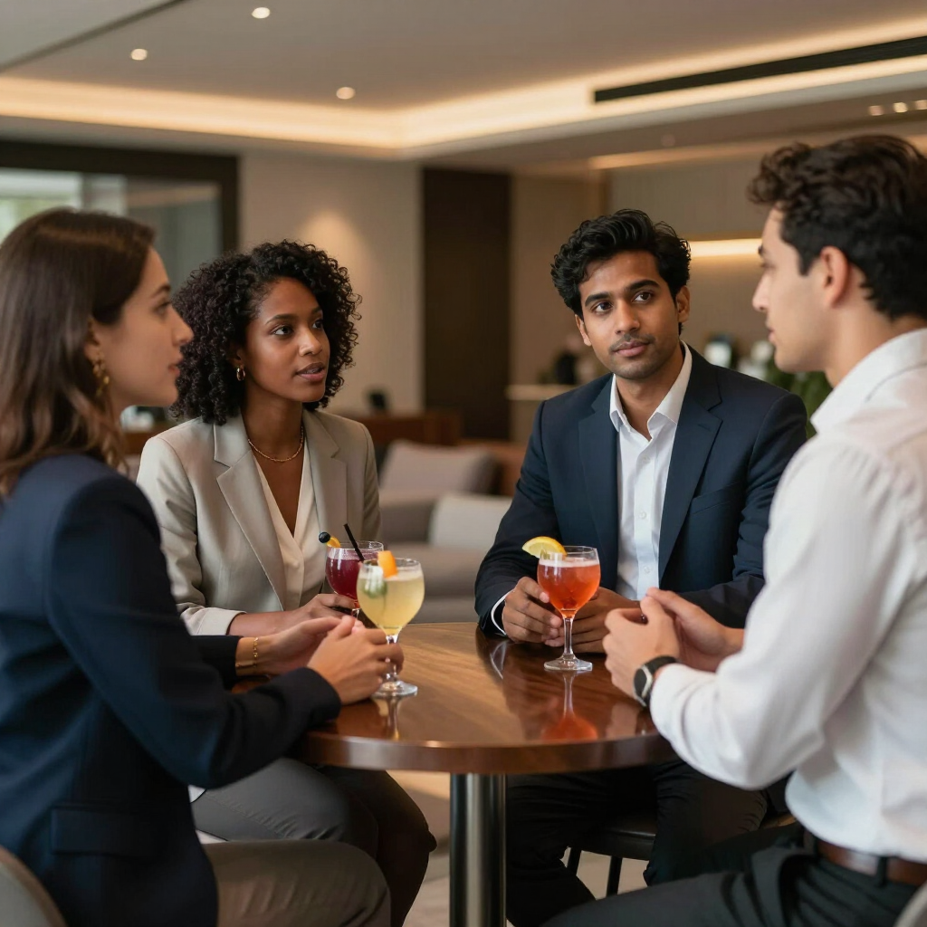 Small group in discussion at cocktail table