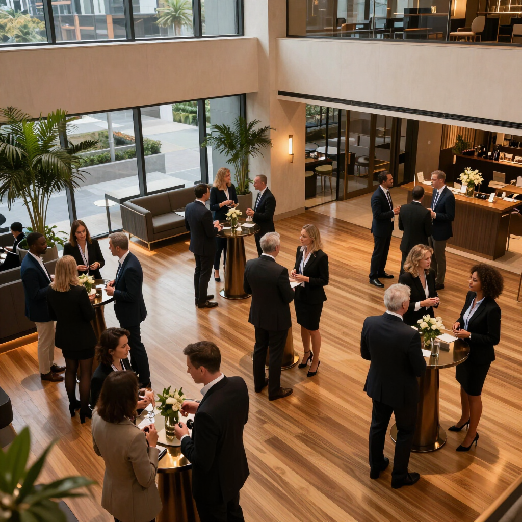 Aerial view of venue reception with attendees