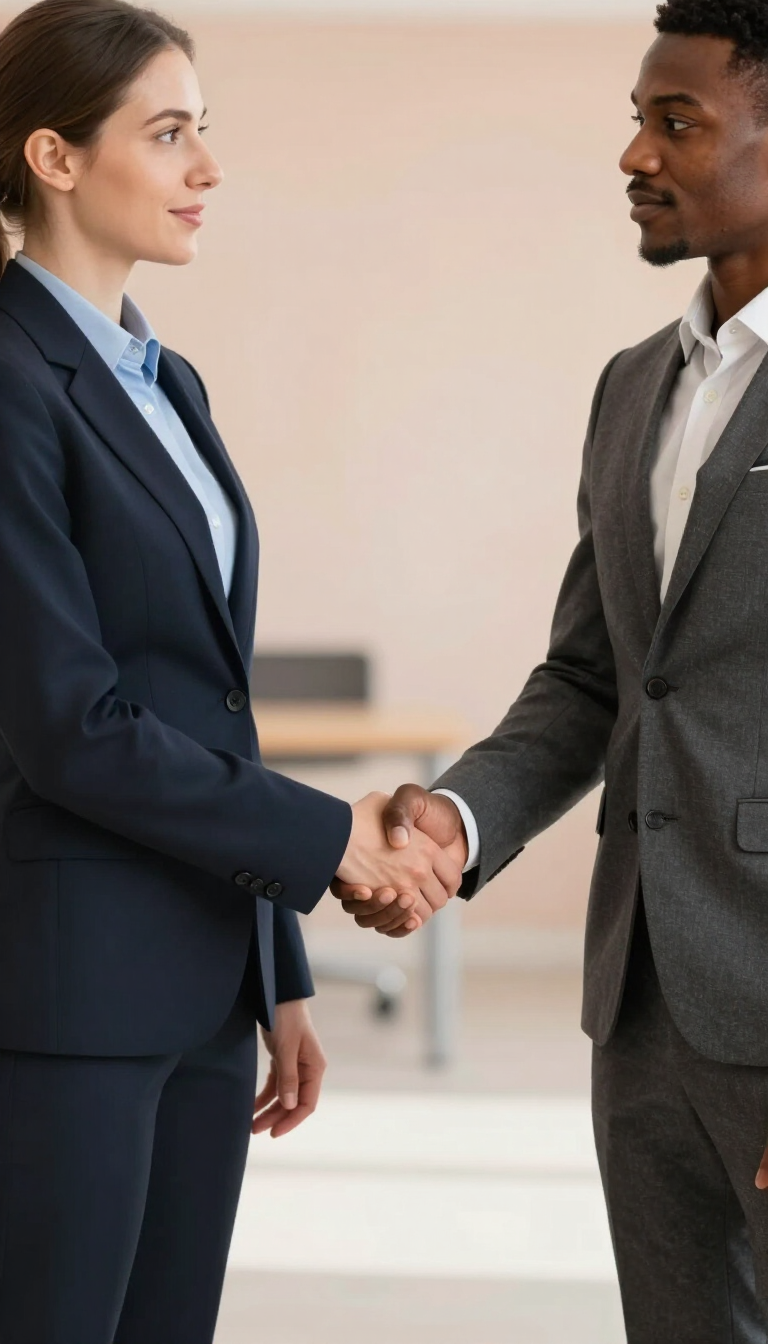 Two professionals shaking hands in a modern architectural interior