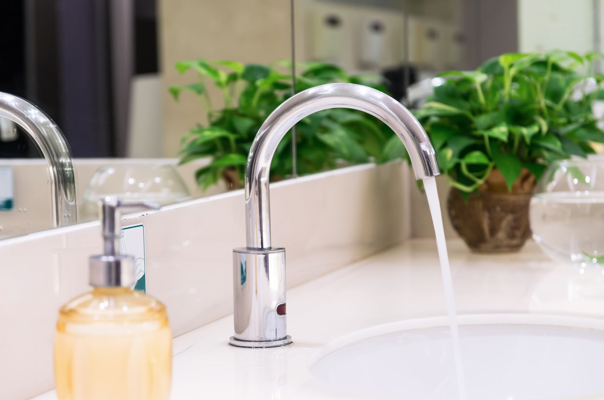 Bathroom sink with chrome faucet, soap dispenser, and green plants reflected in the mirror