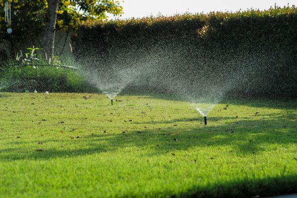 Sprinklers watering a green lawn in a sunny park or yard