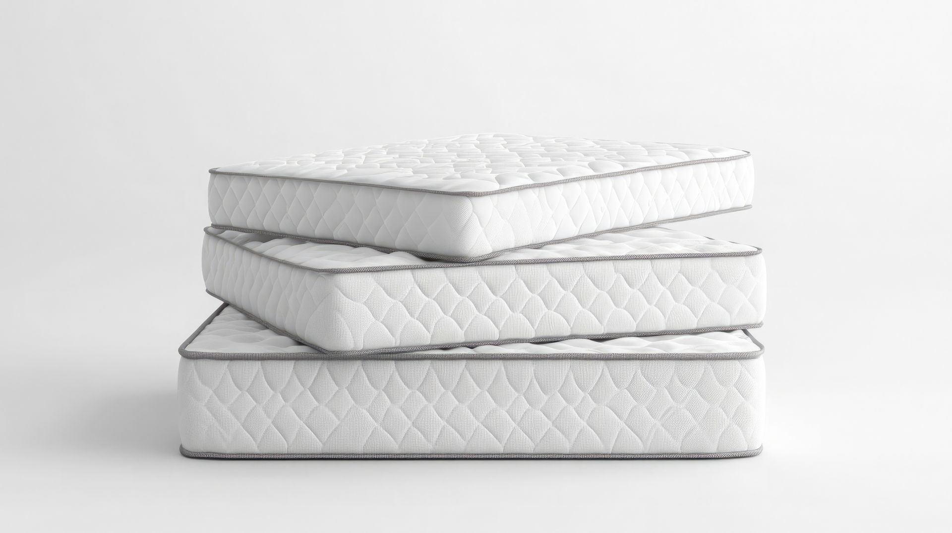 Three white mattresses stacked on top of one another against a plain light background.