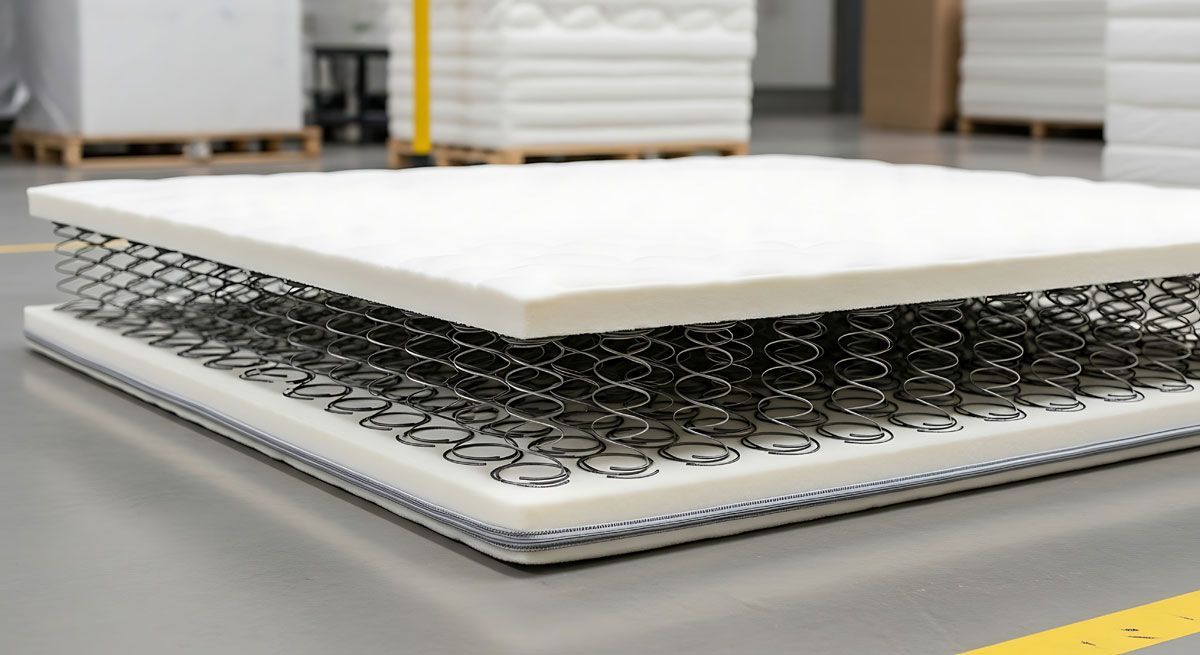 Cutaway view of a mattress showing inner layers of springs and foam.