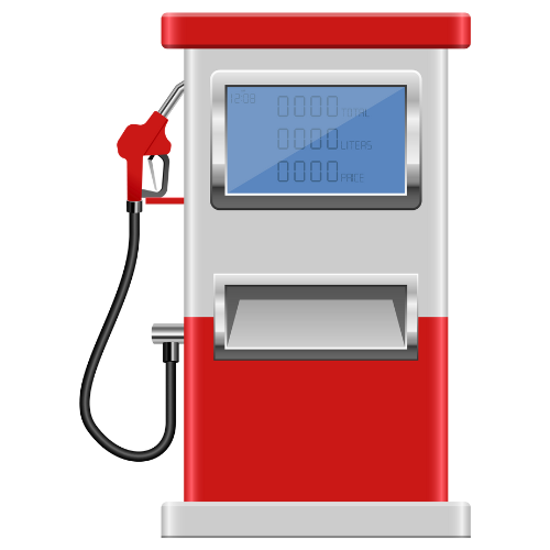 Gas pump, red and gray, with a nozzle and digital display showing zeroed values.