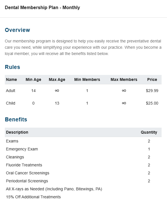 Dental membership plan monthly rates and benefits for adults and children.