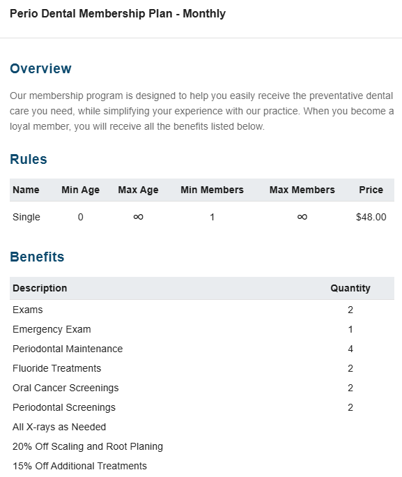 Dental membership plan details: Overview, rules, and benefits, including pricing and services.