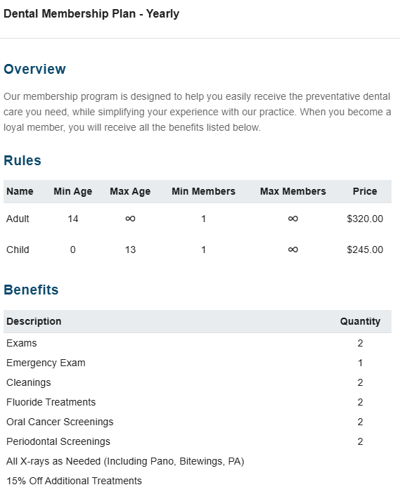 Dental membership plan details: rules for adults/children and included benefits like exams and cleanings.