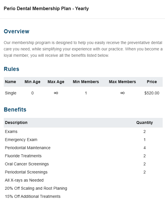 Dental membership plan overview, including rules and benefits, with a price of $620.00.