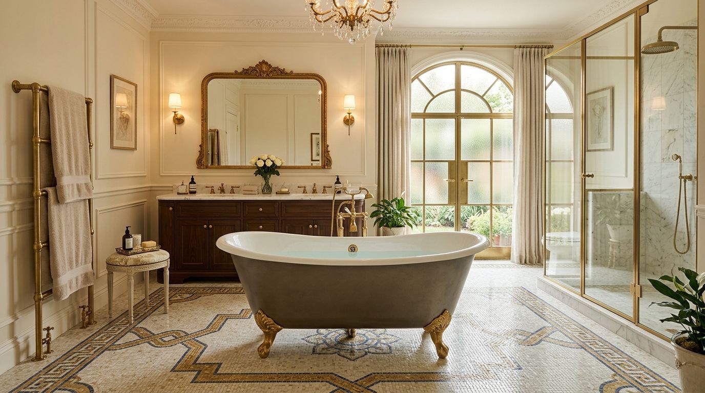 Elegant bathroom with a freestanding tub, double vanity, glass shower, and bright arched windows