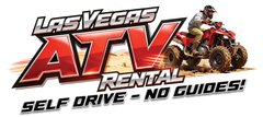 Logo for Las Vegas ATV Rental featuring a silver RZR off-road vehicle above bold, metallic text on a dark shield background.