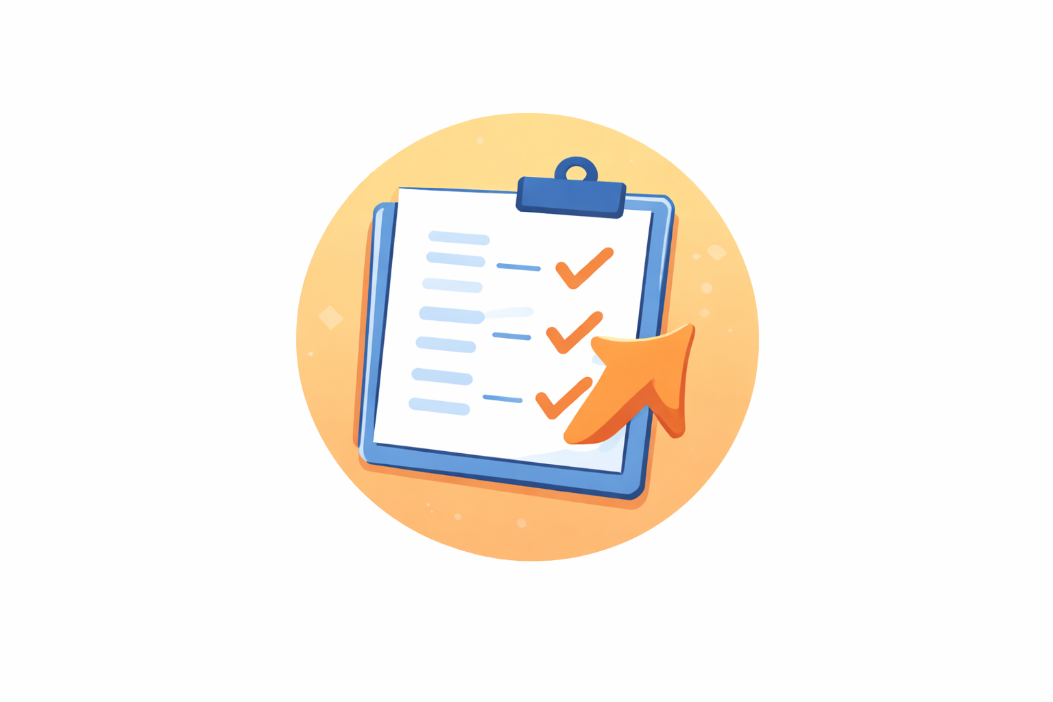 Checklist with orange checkmarks and an upward arrow.