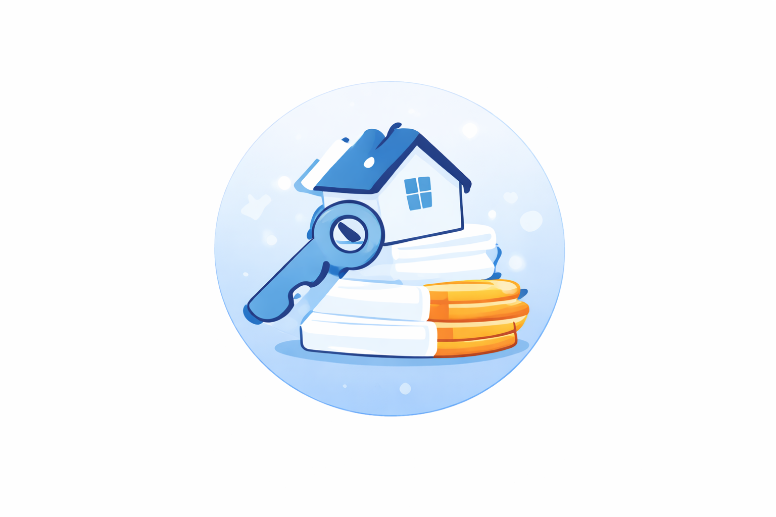 Blue house with a key and stacked documents within a circle.