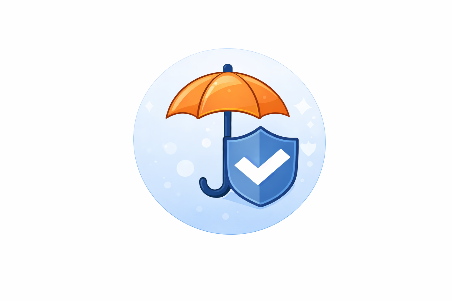 Orange umbrella over blue shield with checkmark, inside a blue circle.
