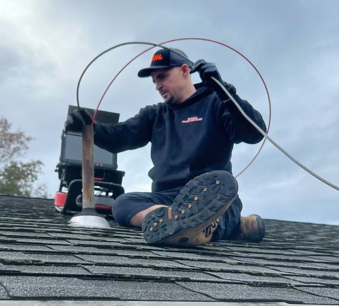 A man is sitting on a roof using a camera