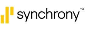 A black and yellow logo for synchrony on a white background