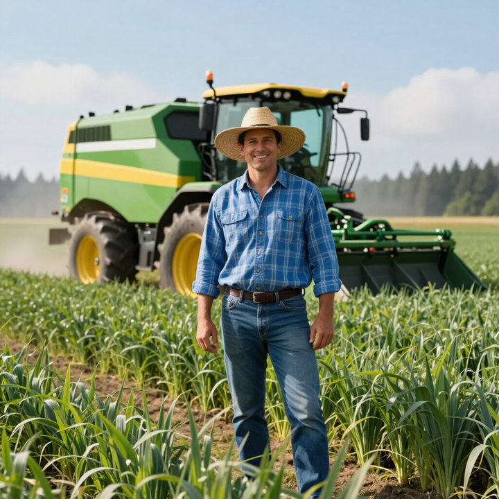 Farmer in straw hat standing in green crop field with a large green and yellow harvester behind him