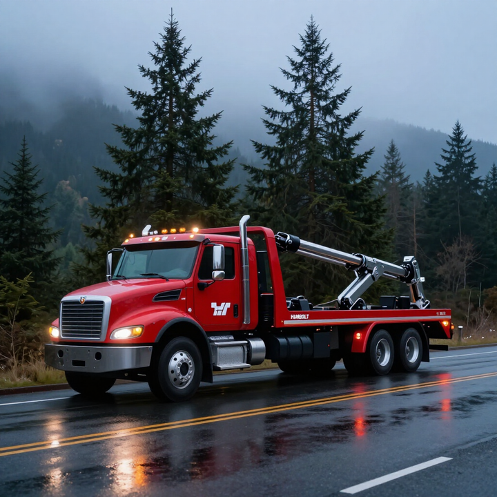 Red tow truck on a wet mountain road with pine trees and mist in the background
