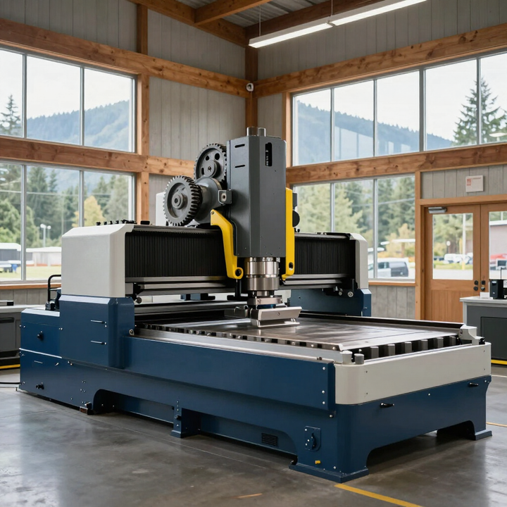 Large blue industrial CNC milling machine in a bright workshop with mountain views through windows