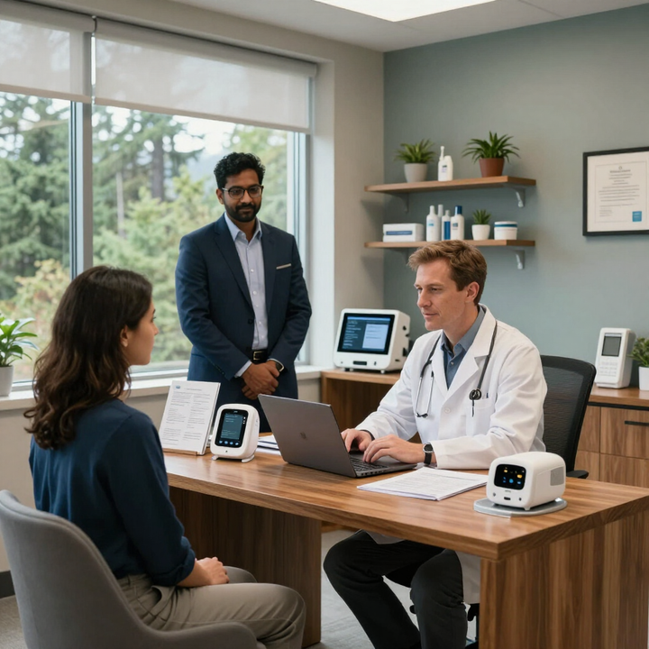 Doctor with patient in a clinic office, consulting at a desk with medical devices nearby.