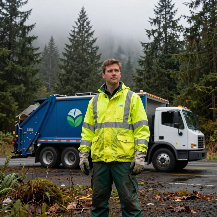 Worker in neon safety jacket stands before a garbage truck in a misty forest road.