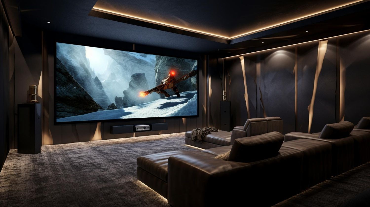 Luxurious dark home theater with large screen showing a snowy action scene and plush sectional seating
