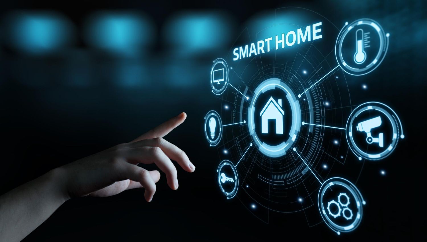 Hand pointing at glowing smart home icons and house symbol on a dark blue interface