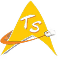 Yellow sail-like logo with orange swoosh and white “Ts” letters, plus a small white plug icon.