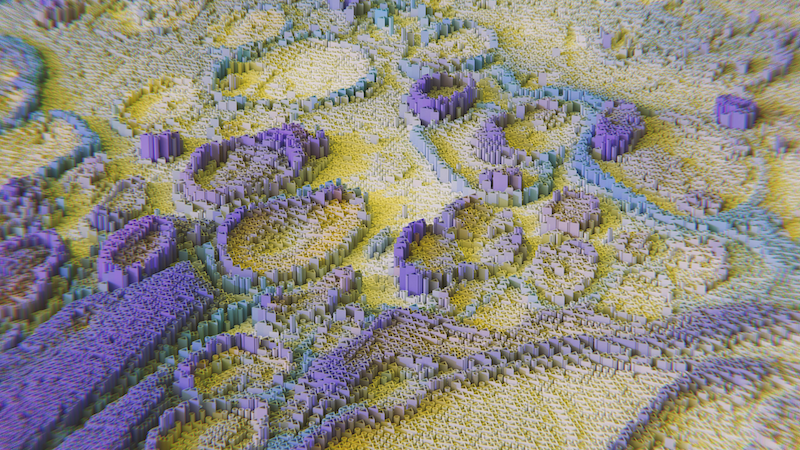 Purple and yellow textured hills forming an abstract, topographic pattern