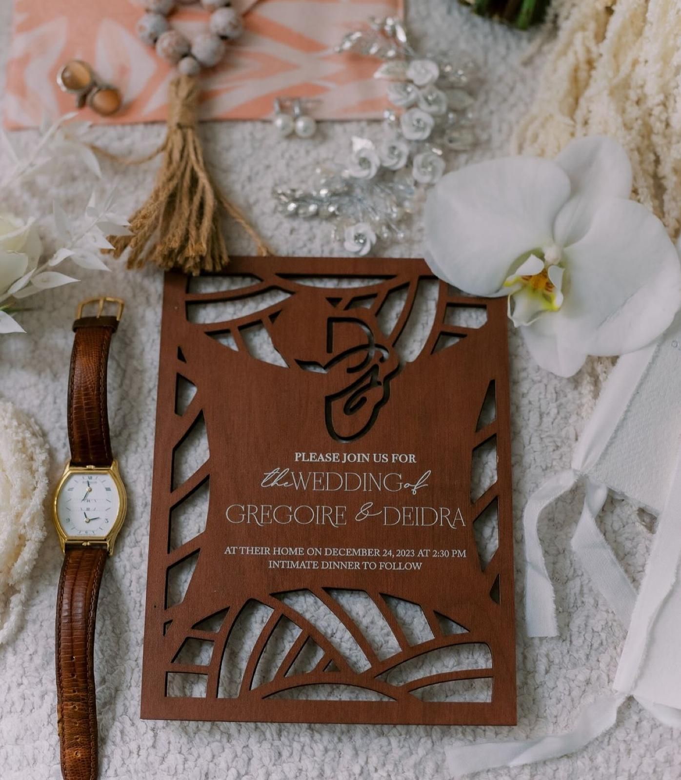 Rust-Colored Premium Acrylic Invitations with Carved Wristwatch Detail