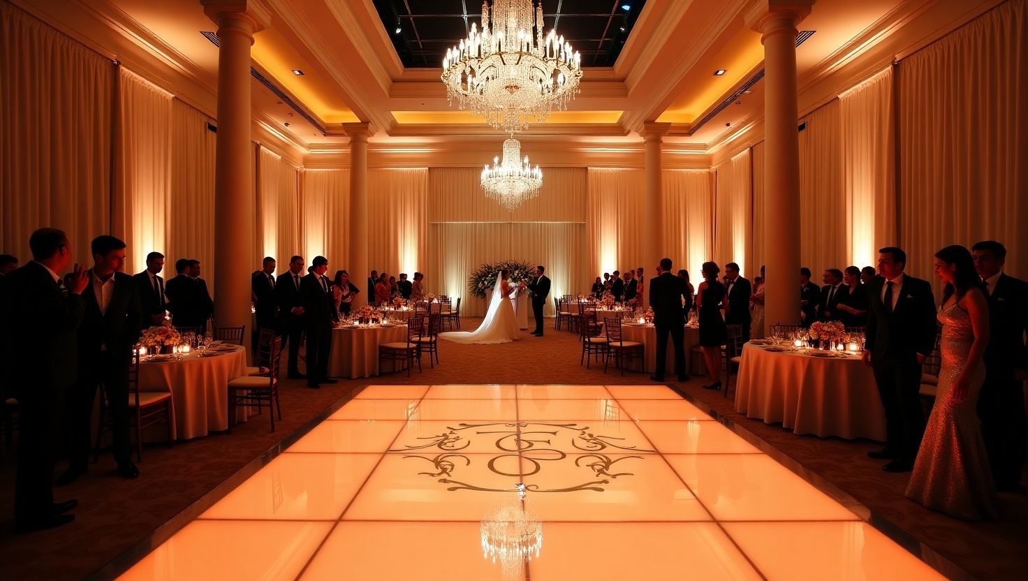 A luxurious Miami wedding reception with custom monogrammed dance floor, elegant stage design, dramatic lighting, and crystal chandeliers created by expert event production services.